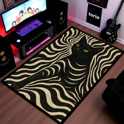 Black Cat Optical Illusion Area Flat Rug | Trippy Wave Pattern Floor Mat Carpet | Aesthetic Psychedelic Cat Flat Rug for Bedroom, Gaming Room & Modern Home Decor