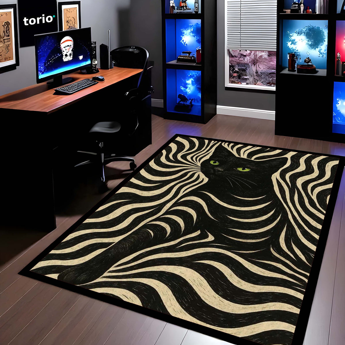 Black Cat Optical Illusion Area Flat Rug | Trippy Wave Pattern Floor Mat Carpet | Aesthetic Psychedelic Cat Flat Rug for Bedroom, Gaming Room & Modern Home Decor