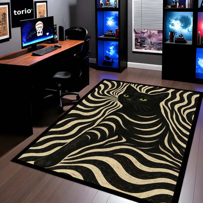 Black Cat Optical Illusion Area Flat Rug | Trippy Wave Pattern Floor Mat Carpet | Aesthetic Psychedelic Cat Flat Rug for Bedroom, Gaming Room & Modern Home Decor