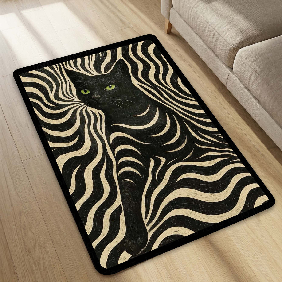 Black Cat Optical Illusion Area Flat Rug | Trippy Wave Pattern Floor Mat Carpet | Aesthetic Psychedelic Cat Flat Rug for Bedroom, Gaming Room & Modern Home Decor