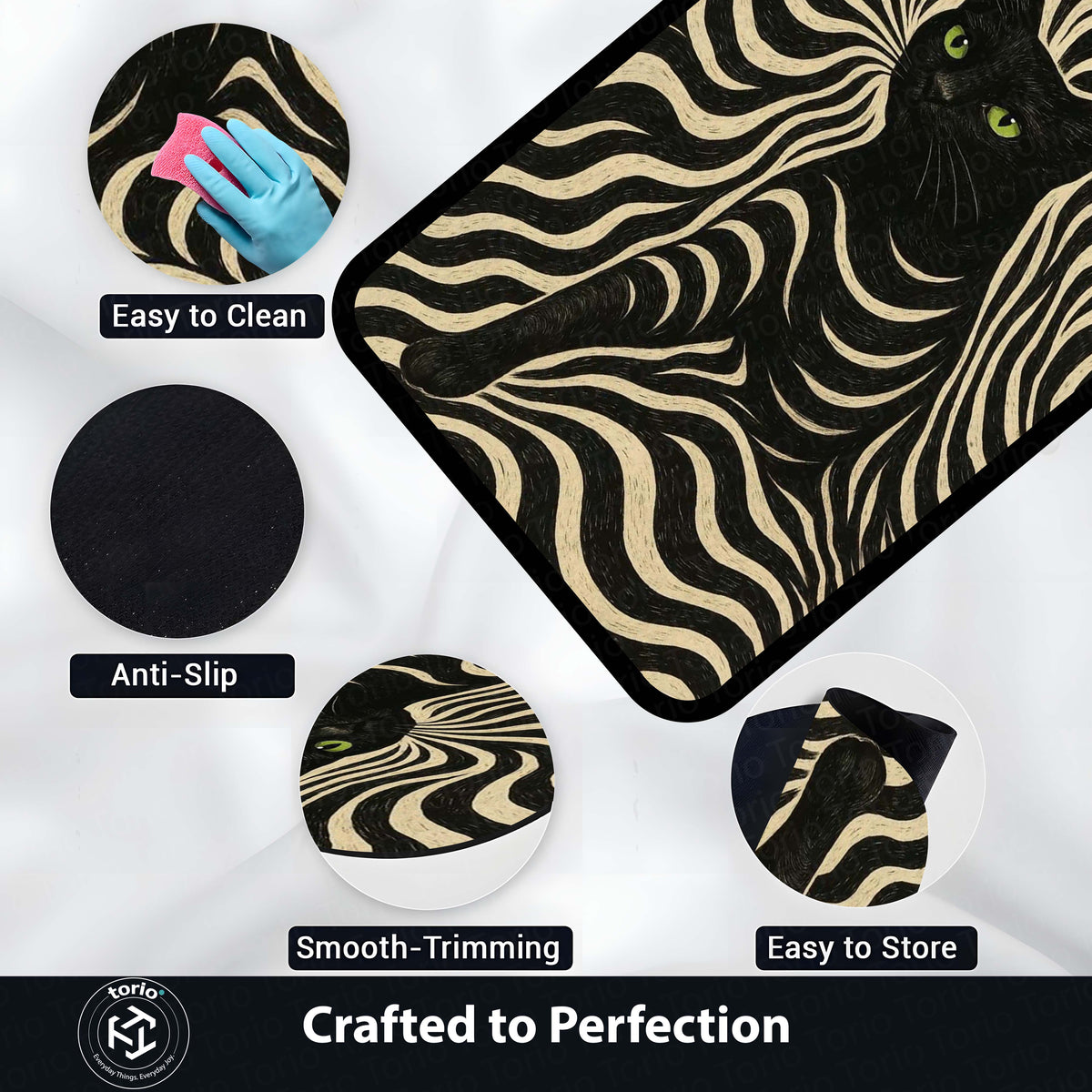 Black Cat Optical Illusion Area Flat Rug | Trippy Wave Pattern Floor Mat Carpet | Aesthetic Psychedelic Cat Flat Rug for Bedroom, Gaming Room & Modern Home Decor