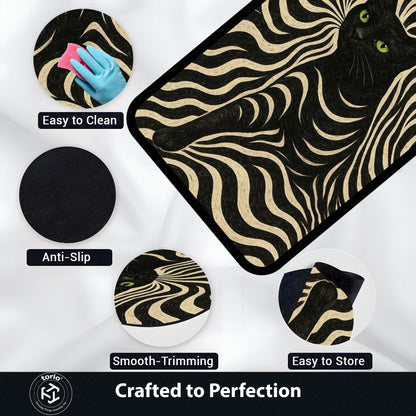 Black Cat Optical Illusion Area Flat Rug | Trippy Wave Pattern Floor Mat Carpet | Aesthetic Psychedelic Cat Flat Rug for Bedroom, Gaming Room & Modern Home Decor