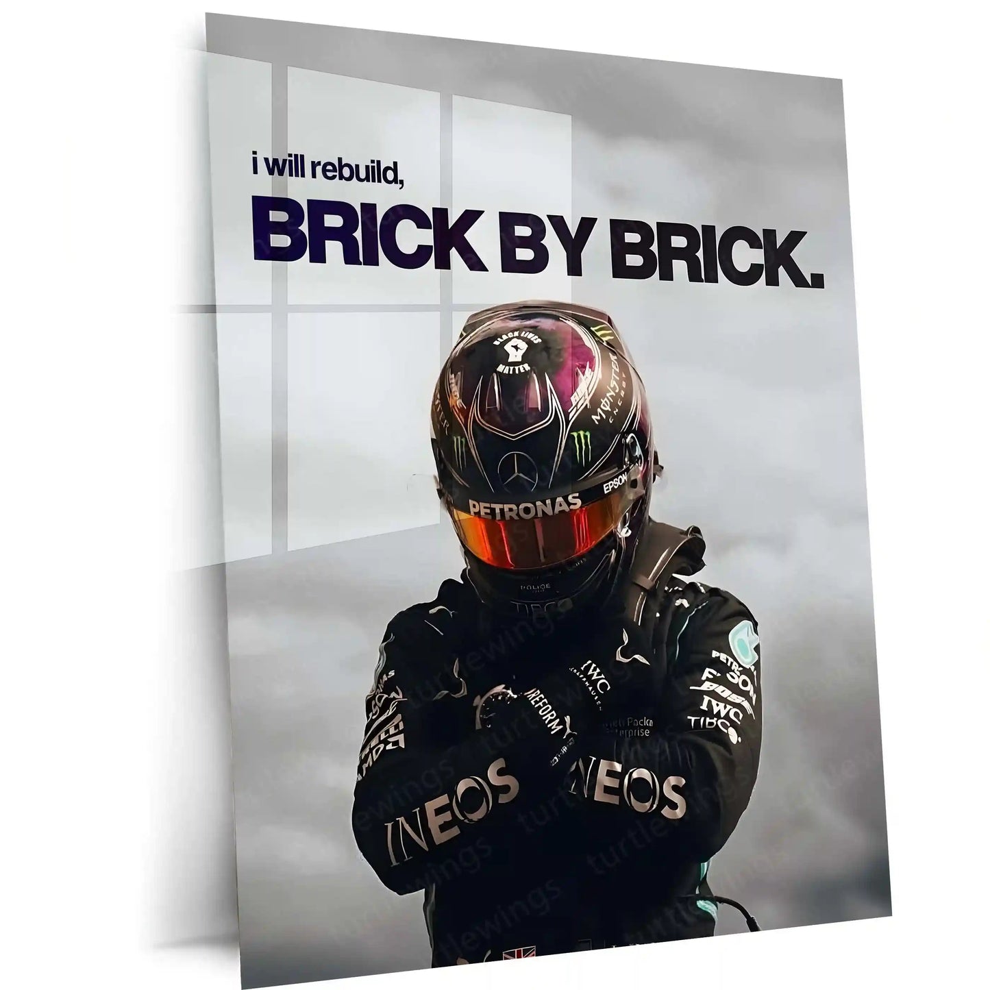 Quote Metal Poster | Lewis Hamilton – Brick by Brick Rebuild Metal Frame Resilience, Discipline & Comeback Mindset Motorsport Wall Art | Elite Racing Quote Metal Poster - TURTLEWINGS 