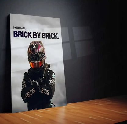 Quote Metal Poster | Lewis Hamilton – Brick by Brick Rebuild Metal Frame Resilience, Discipline & Comeback Mindset Motorsport Wall Art | Elite Racing Quote Metal Poster - TURTLEWINGS 