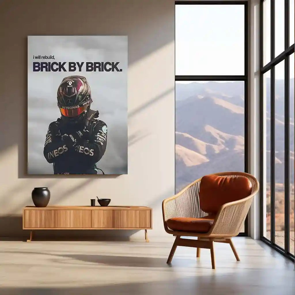 Quote Metal Poster | Lewis Hamilton – Brick by Brick Rebuild Metal Frame Resilience, Discipline & Comeback Mindset Motorsport Wall Art | Elite Racing Quote Metal Poster - TURTLEWINGS 