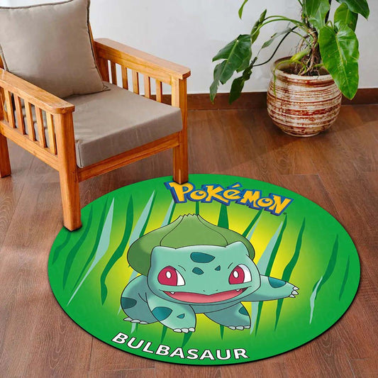 Bulbasaur Pokémon Round Flat Rug | Cute Grass-Type Anime Circle Floor Mat | Anti-Slip 3 mm Absorbent Flat Rug for Bedroom, Gaming Room & Pokémon Decor