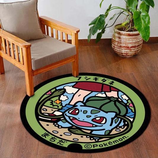 Cute Bulbasaur Pokémon Round Flat Rug | Kawaii Anime Circle Floor Mat | Anti-Slip 3 mm Absorbent Flat Rug for Bedroom, Gaming Room & Pokémon Decor