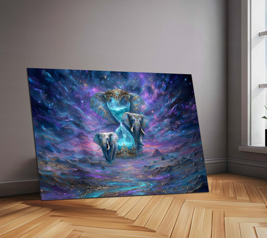 Celestial Guardians of Time – Cosmic Elephant Fantasy Artwork | Premium Metal Poster