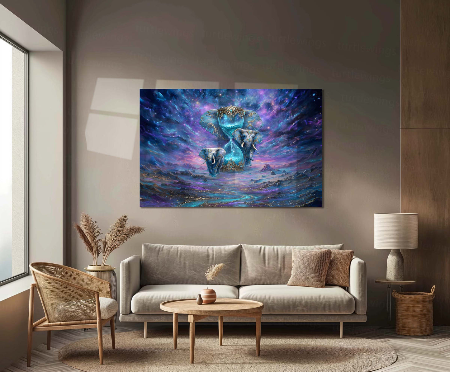 Celestial Guardians of Time – Cosmic Elephant Fantasy Artwork | Premium Metal Poster