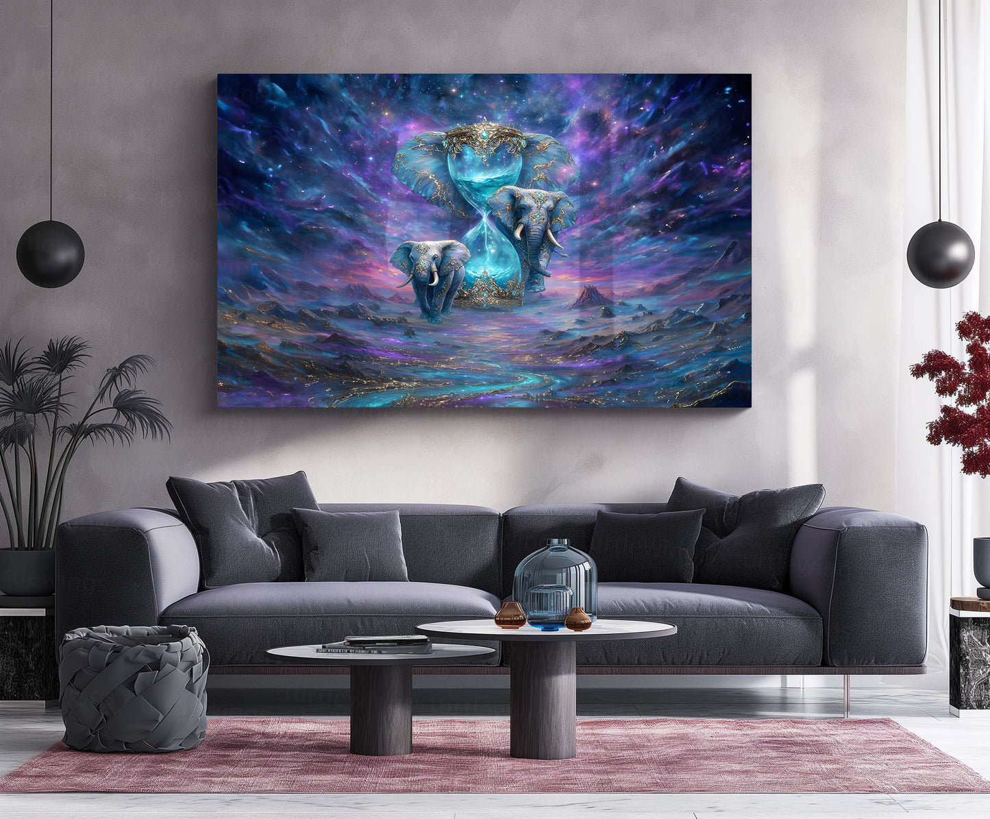 Celestial Guardians of Time – Cosmic Elephant Fantasy Artwork | Premium Metal Poster