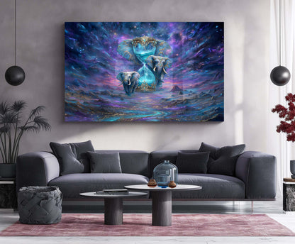 Celestial Guardians of Time – Cosmic Elephant Fantasy Artwork | Premium Metal Poster