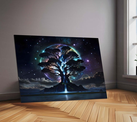 Celestial Tree of Dreams – Cosmic Universe Waterfall Artwork | Premium Metal Poster