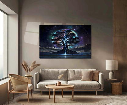 Celestial Tree of Dreams – Cosmic Universe Waterfall Artwork | Premium Metal Poster