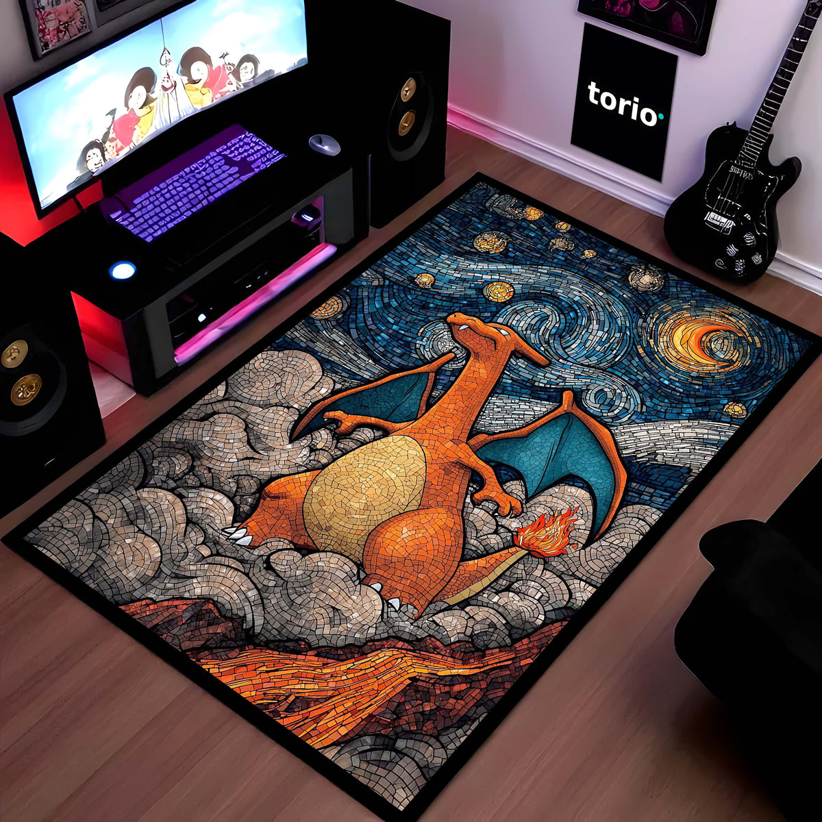 Charizard Mosaic Art Area Flat Rug | Pokémon Inspired Dragon Floor Mat | Fantasy Creature Flat Rug for Gaming Room, Bedroom & Anime Decor