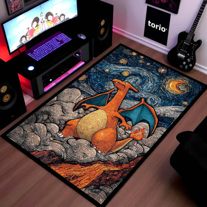 Charizard Mosaic Art Area Flat Rug | Pokémon Inspired Dragon Floor Mat | Fantasy Creature Flat Rug for Gaming Room, Bedroom & Anime Decor