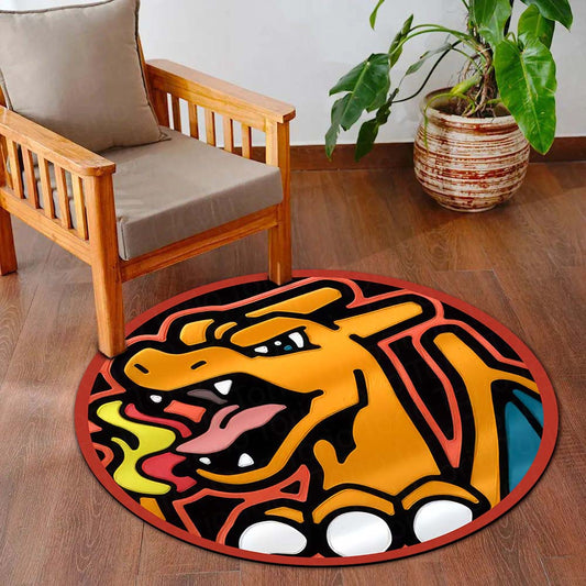 Charizard Pokémon Round Flat Rug | Fiery Dragon Anime Circle Floor Mat | Anti-Slip 3 mm Absorbent Flat Rug for Bedroom, Gaming Room & Pokémon Decor