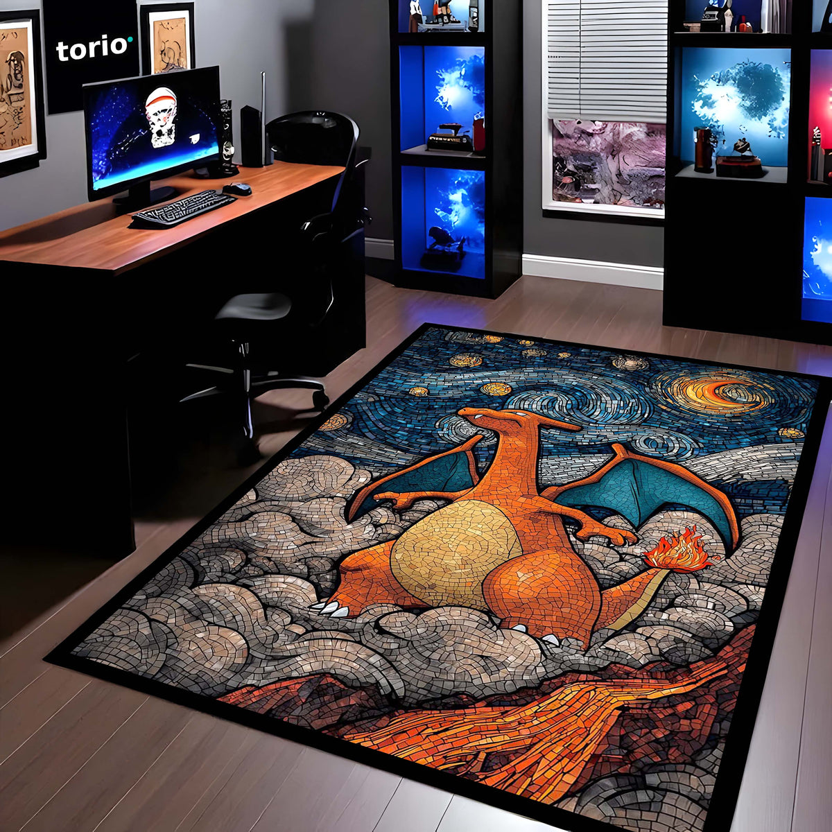Charizard Mosaic Art Area Flat Rug | Pokémon Inspired Dragon Floor Mat | Fantasy Creature Flat Rug for Gaming Room, Bedroom & Anime Decor