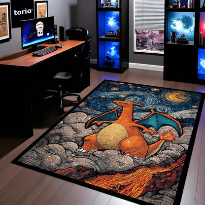 Charizard Mosaic Art Area Flat Rug | Pokémon Inspired Dragon Floor Mat | Fantasy Creature Flat Rug for Gaming Room, Bedroom & Anime Decor