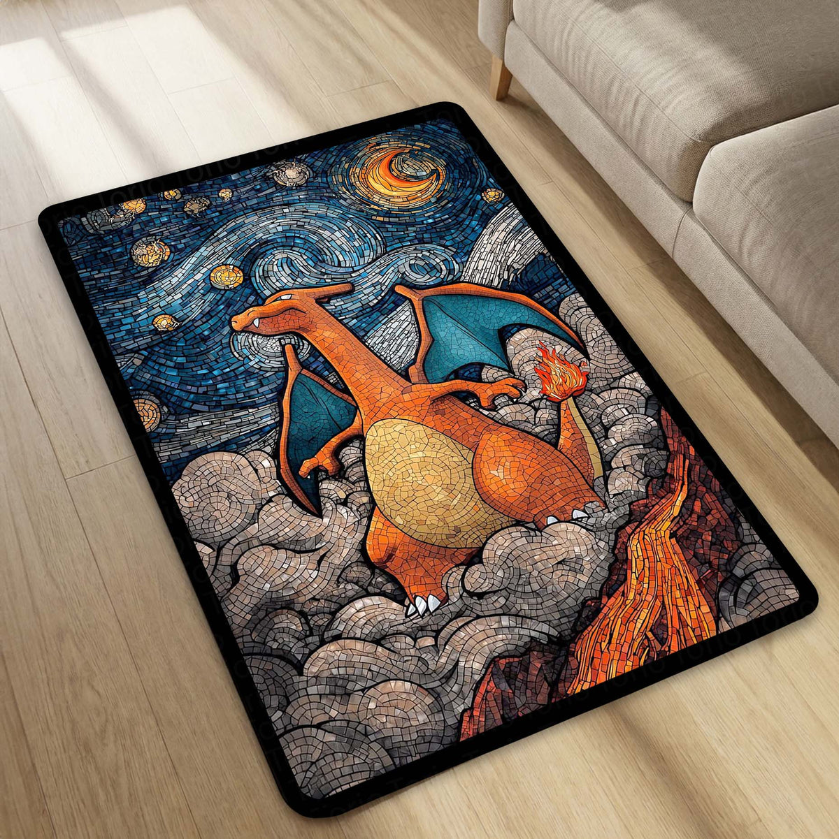 Charizard Mosaic Art Area Flat Rug | Pokémon Inspired Dragon Floor Mat | Fantasy Creature Flat Rug for Gaming Room, Bedroom & Anime Decor