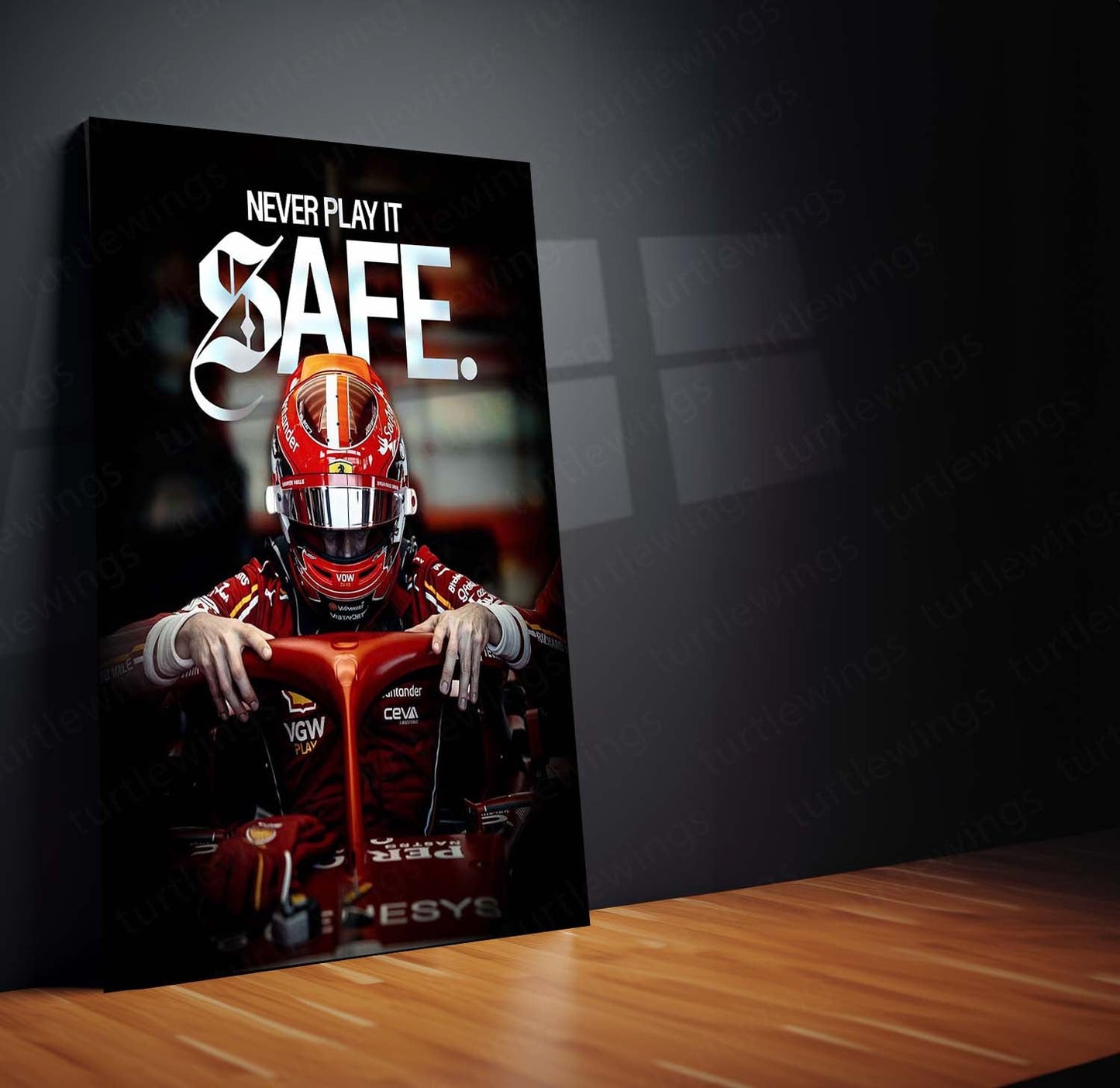Quote Metal Poster | Charles Leclerc “Never Play It Safe” Metal Print | Ferrari Formula Racing Wall Art | Motivational Motorsport Poster