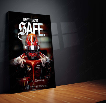 Quote Metal Poster | Charles Leclerc “Never Play It Safe” Metal Print | Ferrari Formula Racing Wall Art | Motivational Motorsport Poster