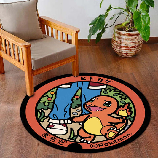 Charmander Pokémon Round Flat Rug | Cute Fire-Type Anime Circle Floor Mat | Anti-Slip 3 mm Absorbent Flat Rug for Bedroom, Gaming Room & Pokémon Decor