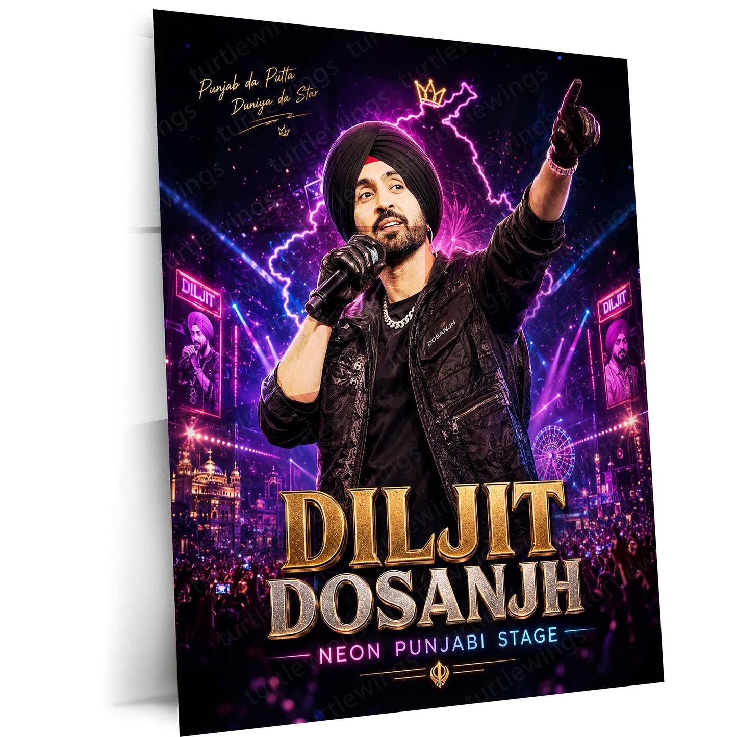 Diljit Dosanjh – Neon Punjabi Stage | Premium Metal Poster | Punjabi Music Icon Wall Art by TurtleWings