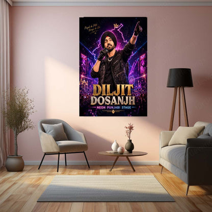 Diljit Dosanjh – Neon Punjabi Stage | Premium Metal Poster | Punjabi Music Icon Wall Art by TurtleWings