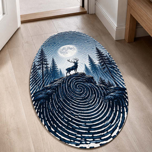 Moonlit Deer Fingerprint Shape Flat Rug | Forest Wildlife Oval Area Flat Rug | Nature-Inspired Fingerprint Landscape Flat Rug