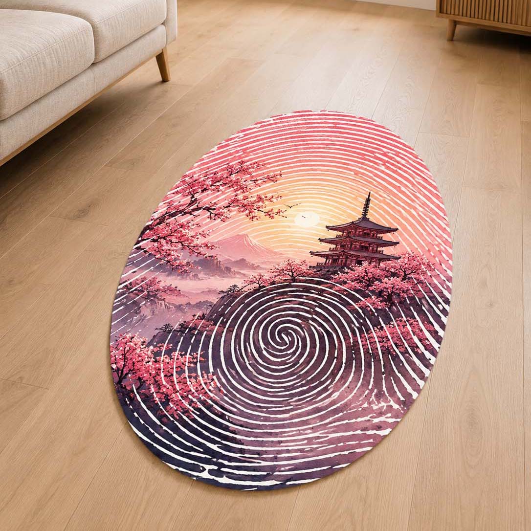 Japanese Cherry Blossom Fingerprint Shape Flat Rug | Sakura Pagoda Oval Area Flat Rug | Zen Landscape Fingerprint Flat Rug