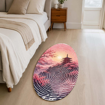 Japanese Cherry Blossom Fingerprint Shape Flat Rug | Sakura Pagoda Oval Area Flat Rug | Zen Landscape Fingerprint Flat Rug