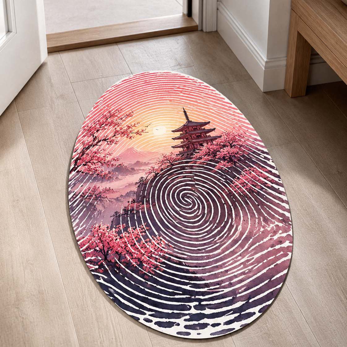 Japanese Cherry Blossom Fingerprint Shape Flat Rug | Sakura Pagoda Oval Area Flat Rug | Zen Landscape Fingerprint Flat Rug