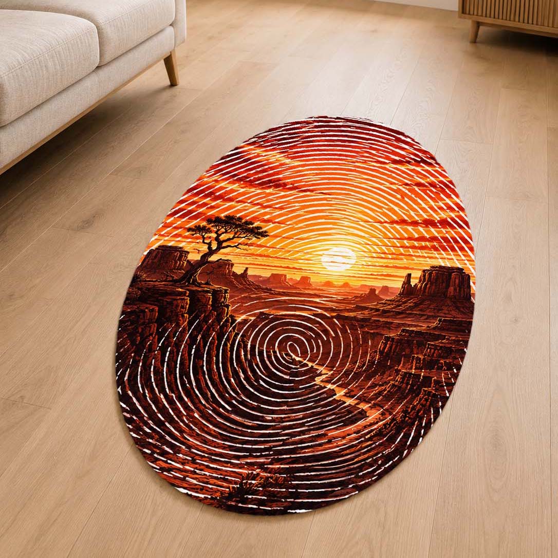 Desert Canyon Sunset Fingerprint Shape Flat Rug | Southwestern Landscape Oval Area Flat Rug | Fingerprint Desert Art Flat Rug