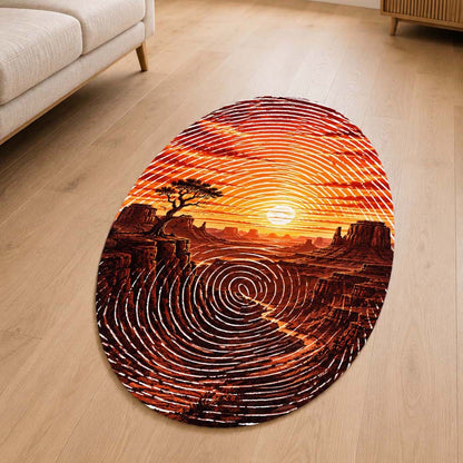 Desert Canyon Sunset Fingerprint Shape Flat Rug | Southwestern Landscape Oval Area Flat Rug | Fingerprint Desert Art Flat Rug