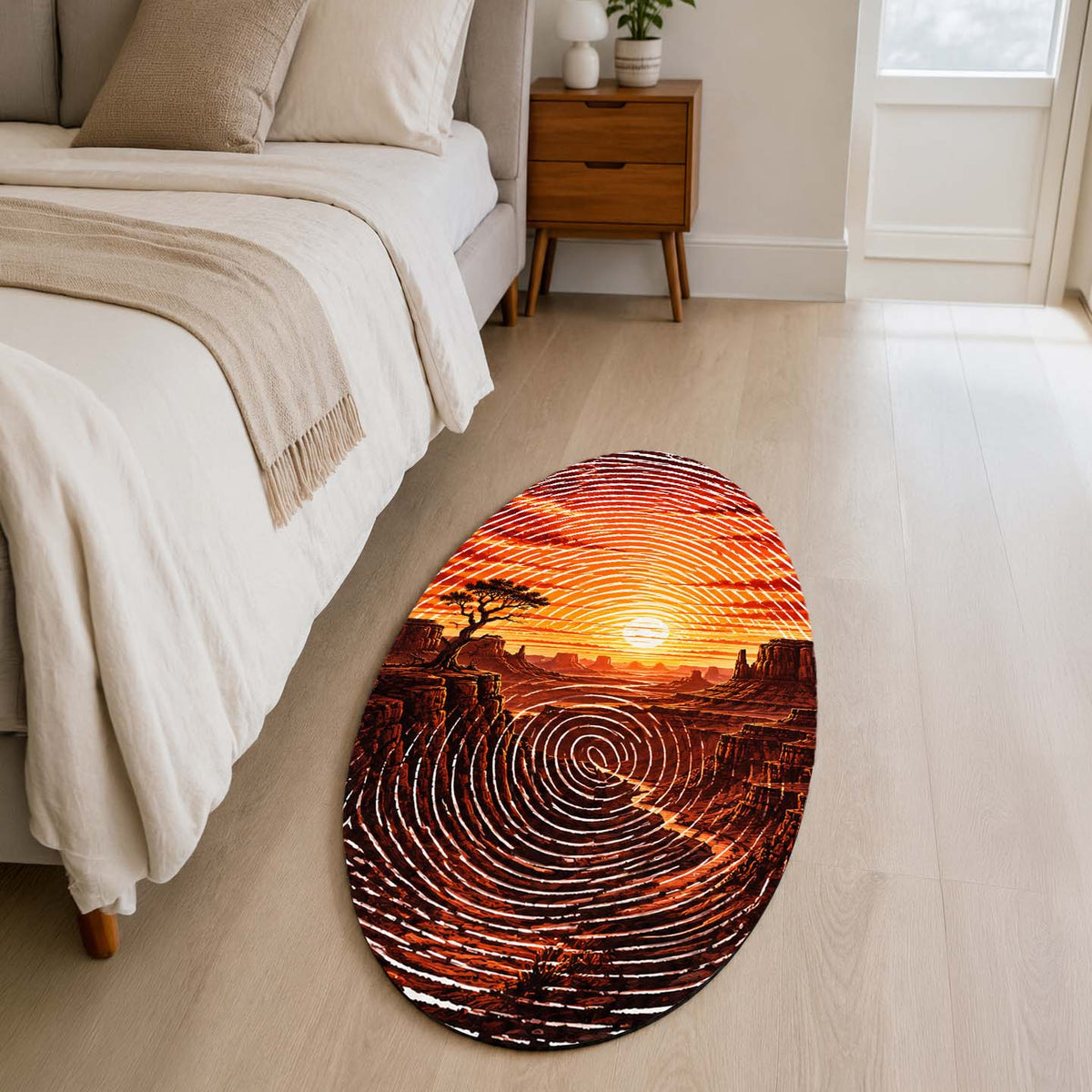 Desert Canyon Sunset Fingerprint Shape Flat Rug | Southwestern Landscape Oval Area Flat Rug | Fingerprint Desert Art Flat Rug