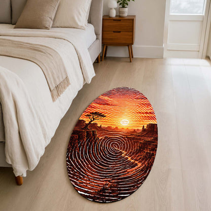 Desert Canyon Sunset Fingerprint Shape Flat Rug | Southwestern Landscape Oval Area Flat Rug | Fingerprint Desert Art Flat Rug