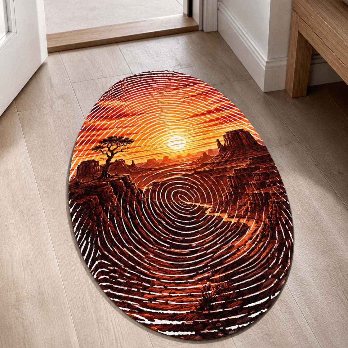Desert Canyon Sunset Fingerprint Shape Flat Rug | Southwestern Landscape Oval Area Flat Rug | Fingerprint Desert Art Flat Rug