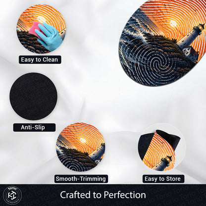 Coastal Lighthouse Fingerprint Shape Flat Rug | Ocean Sunset Oval Area Flat Rug | Fingerprint Seascape Flat Rug for Modern Home Décor