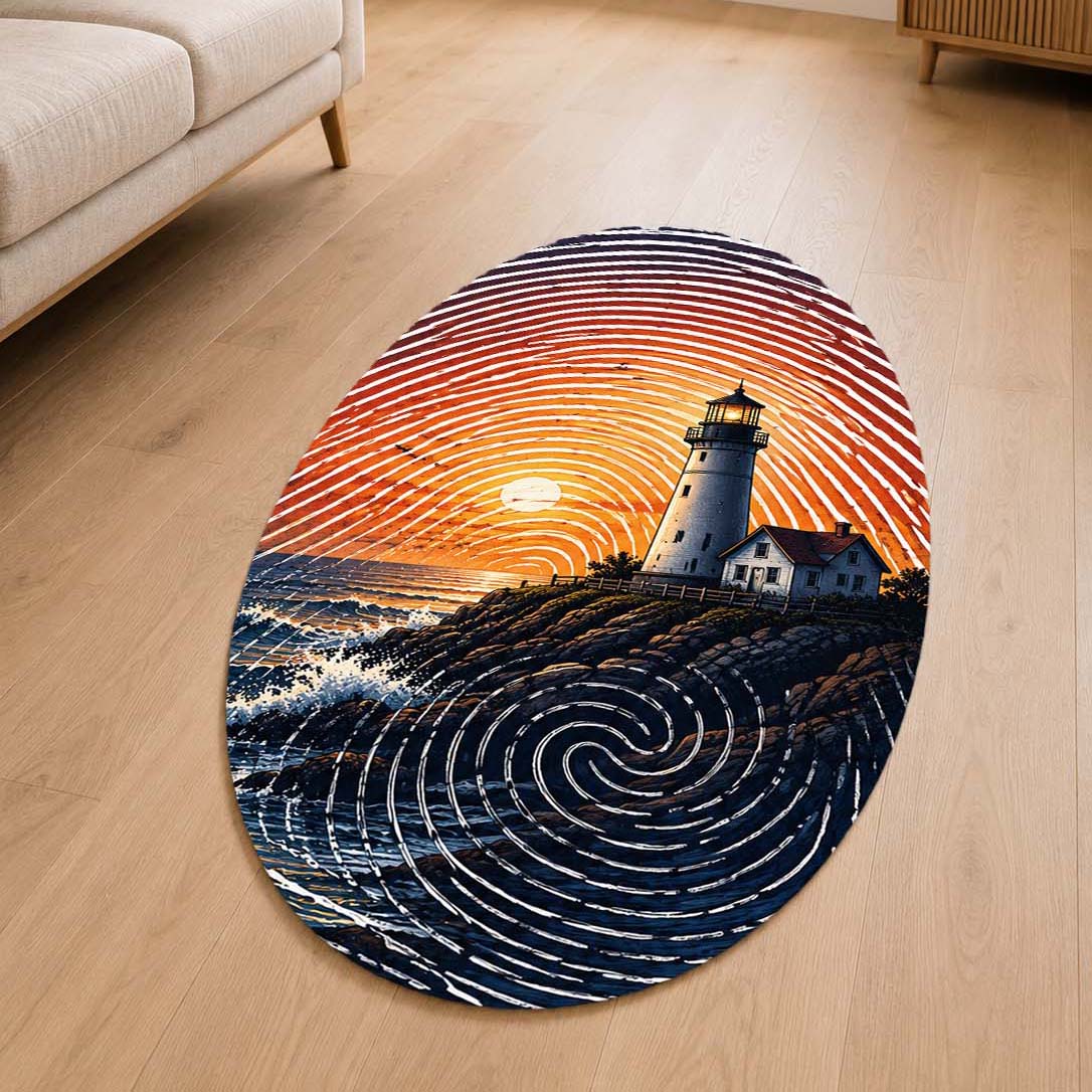 Coastal Lighthouse Fingerprint Shape Flat Rug | Ocean Sunset Oval Area Flat Rug | Fingerprint Seascape Flat Rug for Modern Home Décor