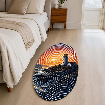 Coastal Lighthouse Fingerprint Shape Flat Rug | Ocean Sunset Oval Area Flat Rug | Fingerprint Seascape Flat Rug for Modern Home Décor