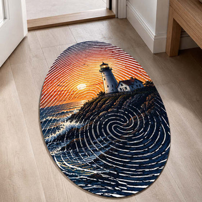 Coastal Lighthouse Fingerprint Shape Flat Rug | Ocean Sunset Oval Area Flat Rug | Fingerprint Seascape Flat Rug for Modern Home Décor