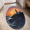 Coastal Lighthouse Fingerprint Shape Flat Rug | Ocean Sunset Oval Area Flat Rug | Fingerprint Seascape Flat Rug for Modern Home Décor