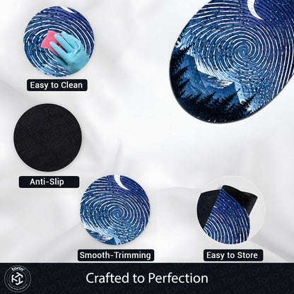 Moonlit Mountain Fingerprint Shape Flat Rug | Night Sky Oval Area Flat Rug | Celestial Fingerprint Landscape Flat Rug
