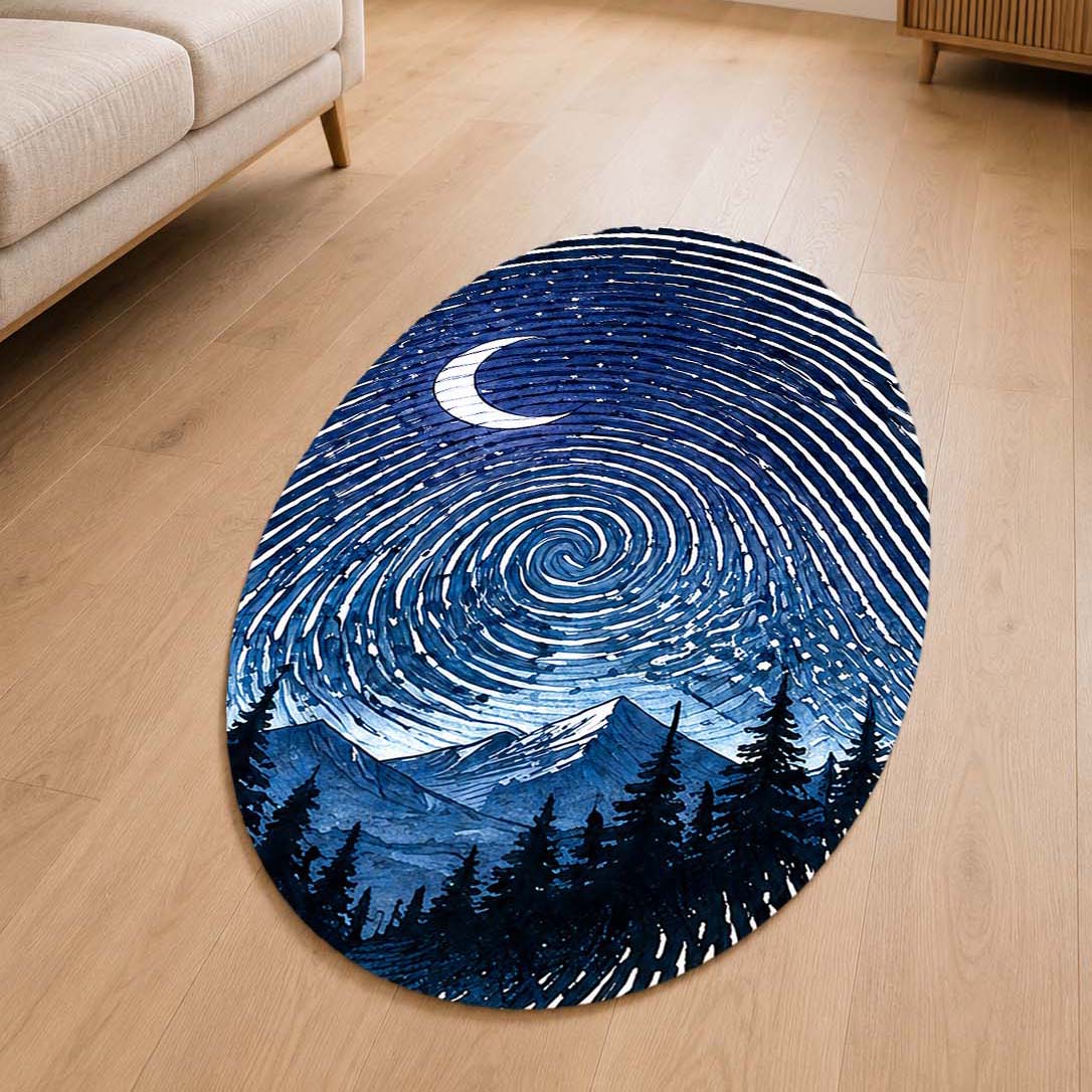 Moonlit Mountain Fingerprint Shape Flat Rug | Night Sky Oval Area Flat Rug | Celestial Fingerprint Landscape Flat Rug