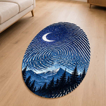 Moonlit Mountain Fingerprint Shape Flat Rug | Night Sky Oval Area Flat Rug | Celestial Fingerprint Landscape Flat Rug