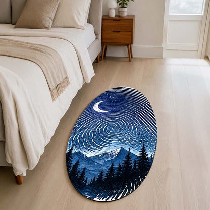 Moonlit Mountain Fingerprint Shape Flat Rug | Night Sky Oval Area Flat Rug | Celestial Fingerprint Landscape Flat Rug