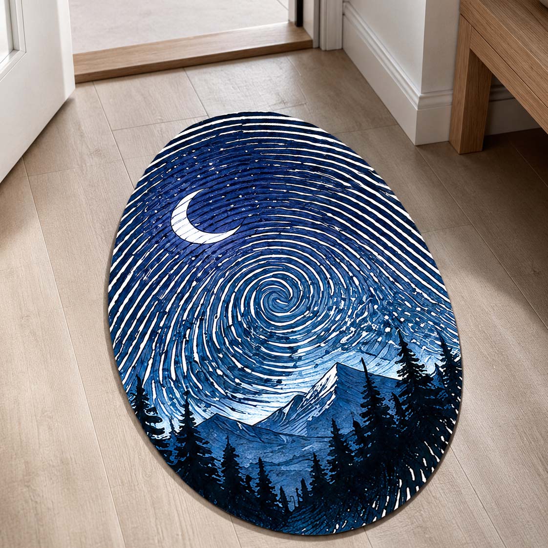 Moonlit Mountain Fingerprint Shape Flat Rug | Night Sky Oval Area Flat Rug | Celestial Fingerprint Landscape Flat Rug