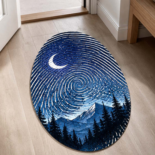 Moonlit Mountain Fingerprint Shape Flat Rug | Night Sky Oval Area Flat Rug | Celestial Fingerprint Landscape Flat Rug