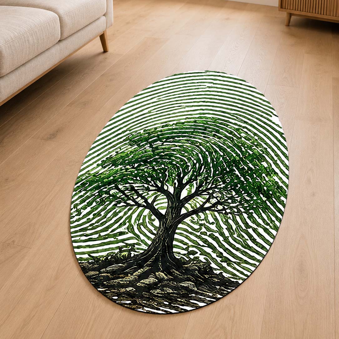 Tree of Life Fingerprint Shape Flat Rug | Nature Oval Area Flat Rug | Botanical Fingerprint Art Flat Rug for Modern Home Décor
