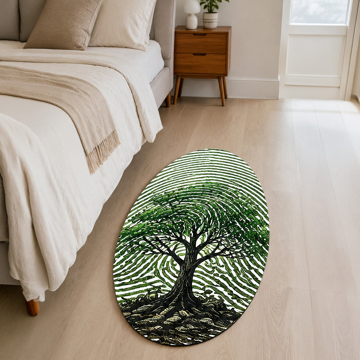 Tree of Life Fingerprint Shape Flat Rug | Nature Oval Area Flat Rug | Botanical Fingerprint Art Flat Rug for Modern Home Décor